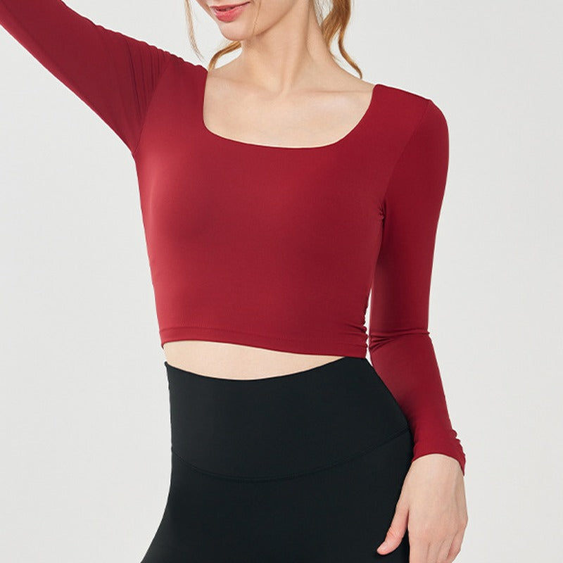 Square Neck Cross Back Cropped Long Sleeve Yoga Top