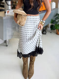 Dotted Midi Skirt With Scalloped Lace Trim - White