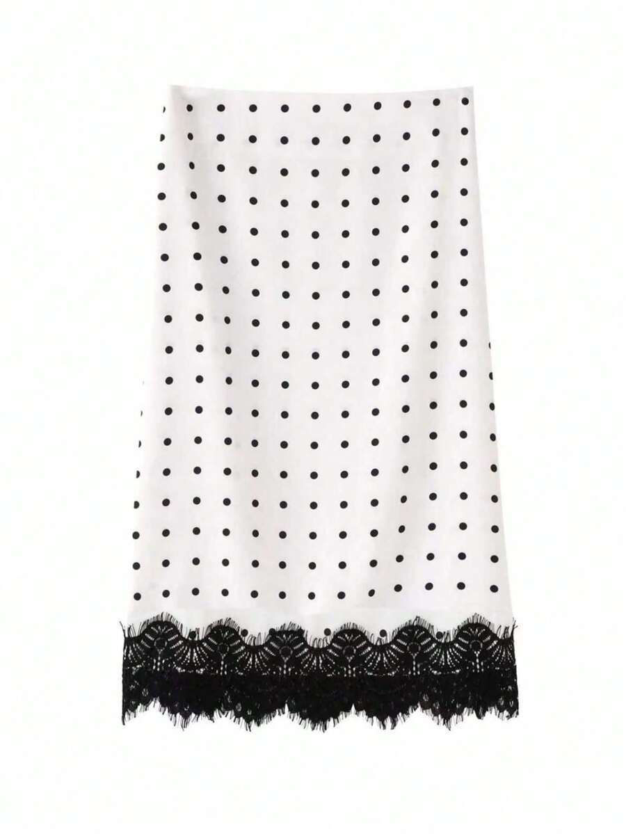 Dotted Midi Skirt With Scalloped Lace Trim - White - 1