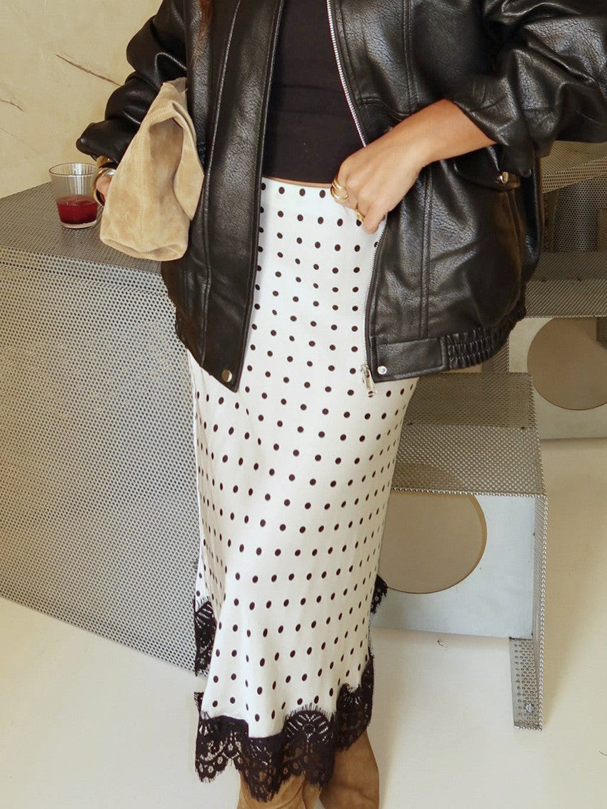 Dotted Midi Skirt With Scalloped Lace Trim - White - 2