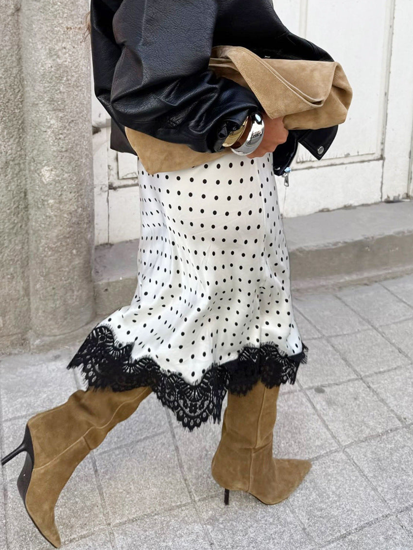 Dotted Midi Skirt With Scalloped Lace Trim - White - 3