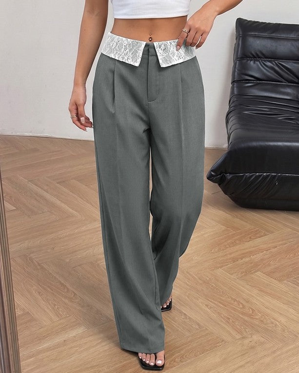 Foldover Waist Lace Trim Straight Leg Pants - Grey
