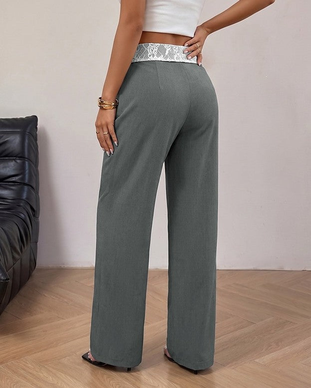 Foldover Waist Lace Trim Straight Leg Pants - Grey - 2