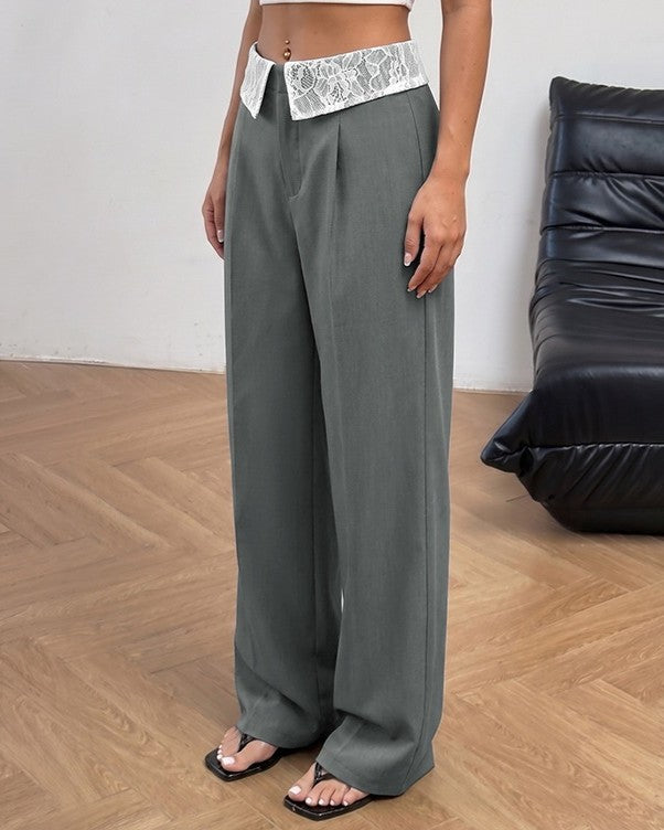 Foldover Waist Lace Trim Straight Leg Pants - Grey - 3