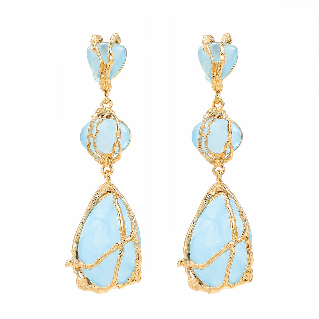 Wire Wrapped Resin Teardrop Drop Earrings - Blue
