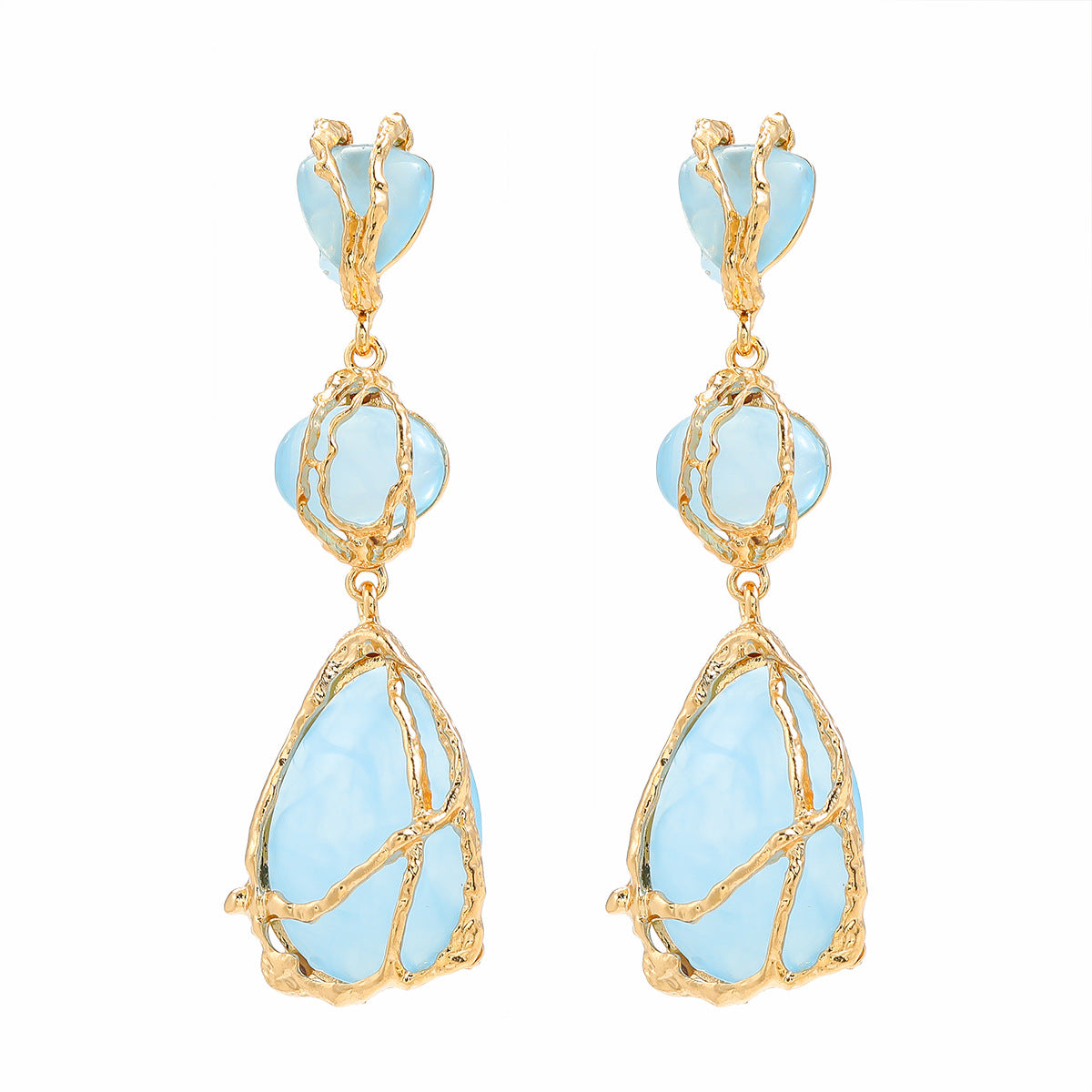 Wire Wrapped Resin Teardrop Drop Earrings - Blue