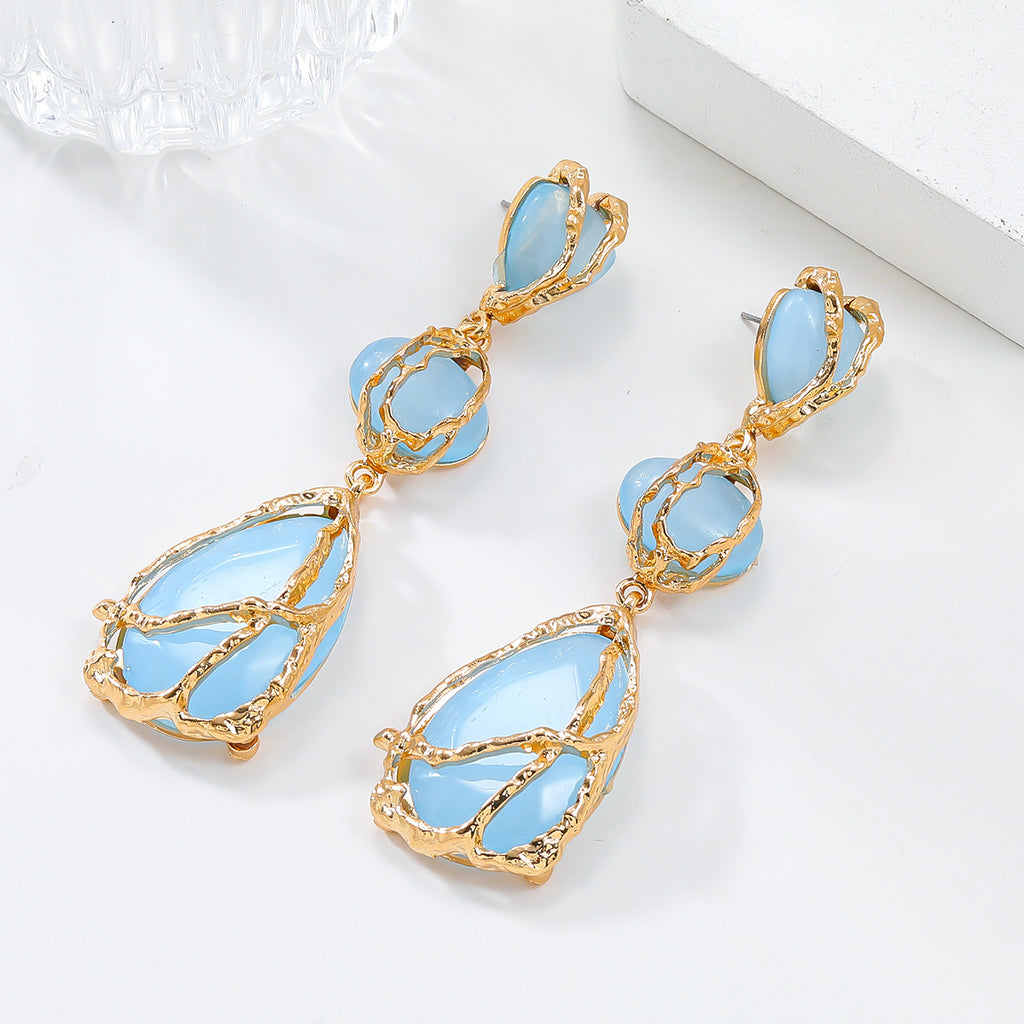 Wire Wrapped Resin Teardrop Drop Earrings - Blue - 1