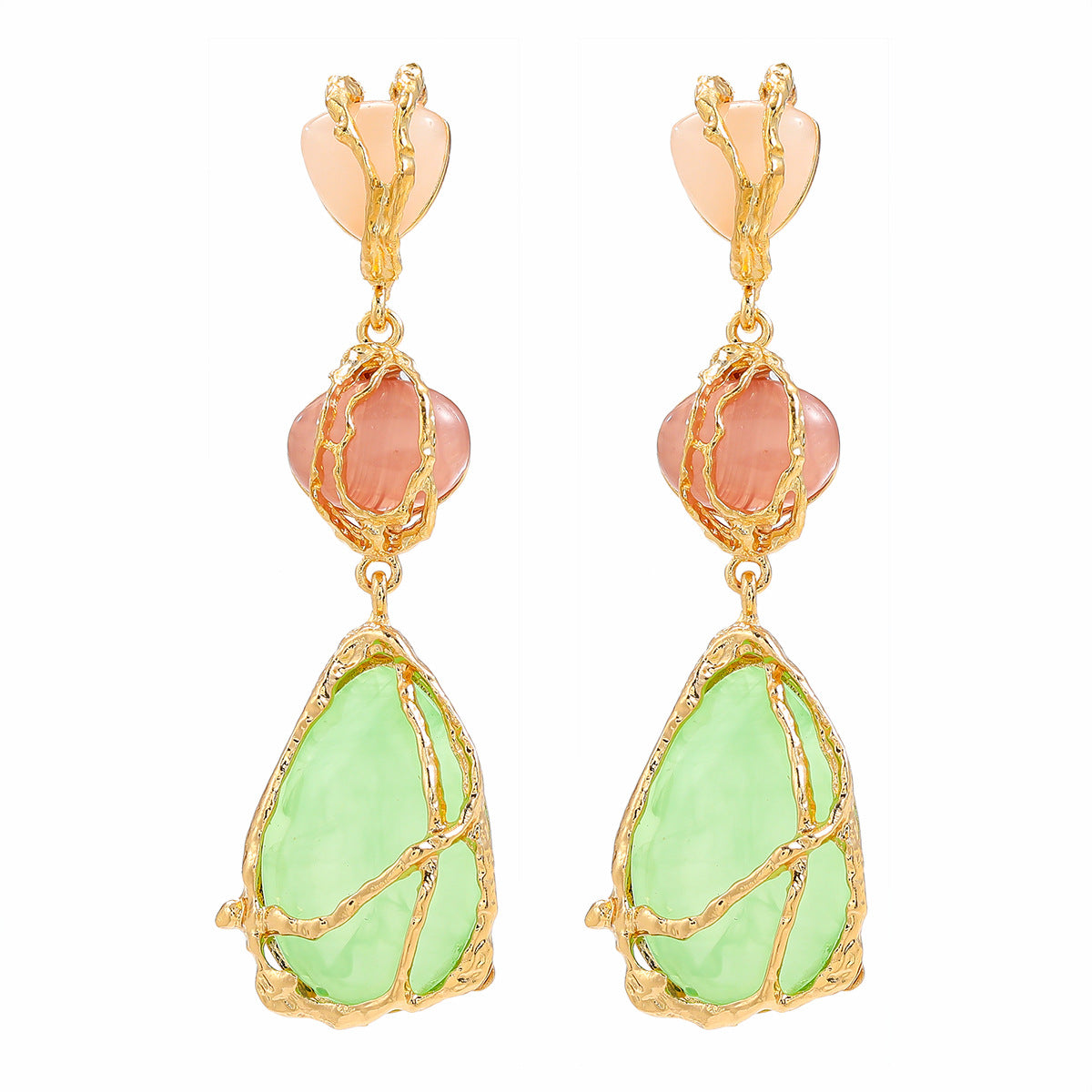 Wire Wrapped Resin Teardrop Drop Earrings - Green
