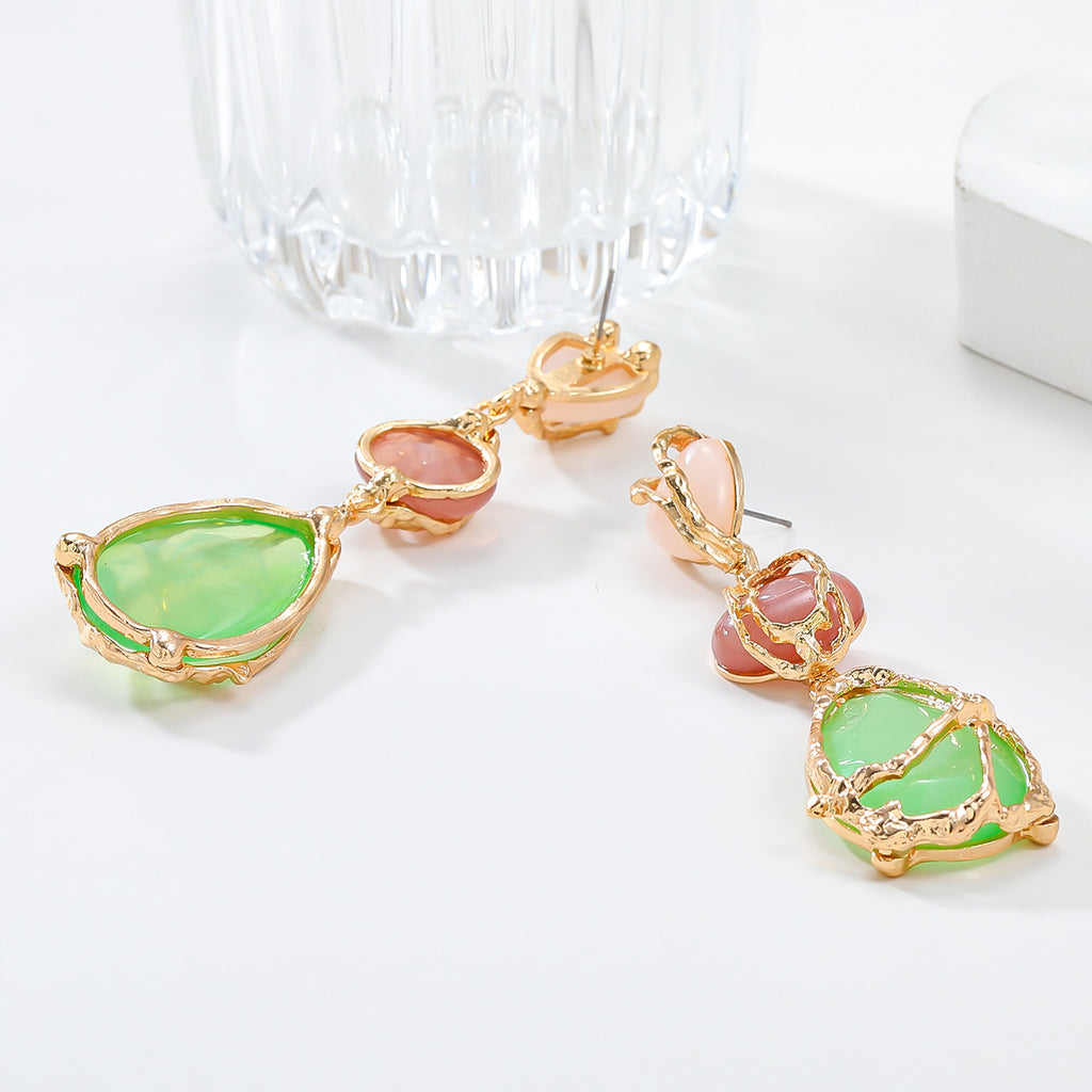Wire Wrapped Resin Teardrop Drop Earrings - Green - 1