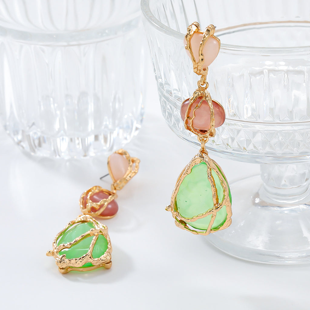 Wire Wrapped Resin Teardrop Drop Earrings - Green - 2