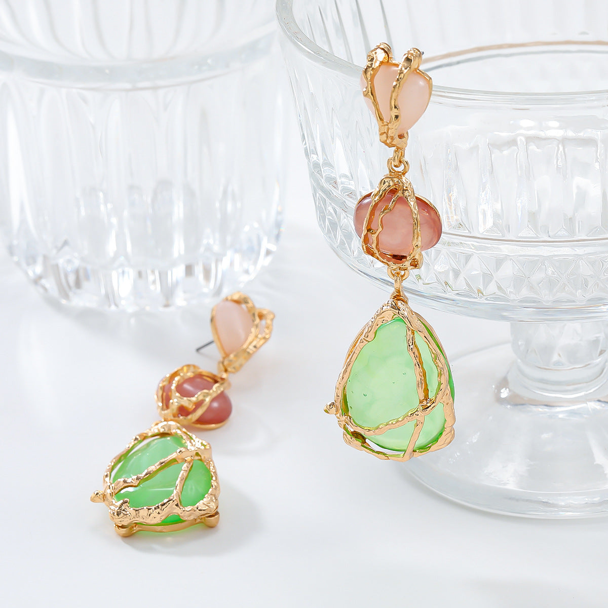 Wire Wrapped Resin Teardrop Drop Earrings - Green - 2
