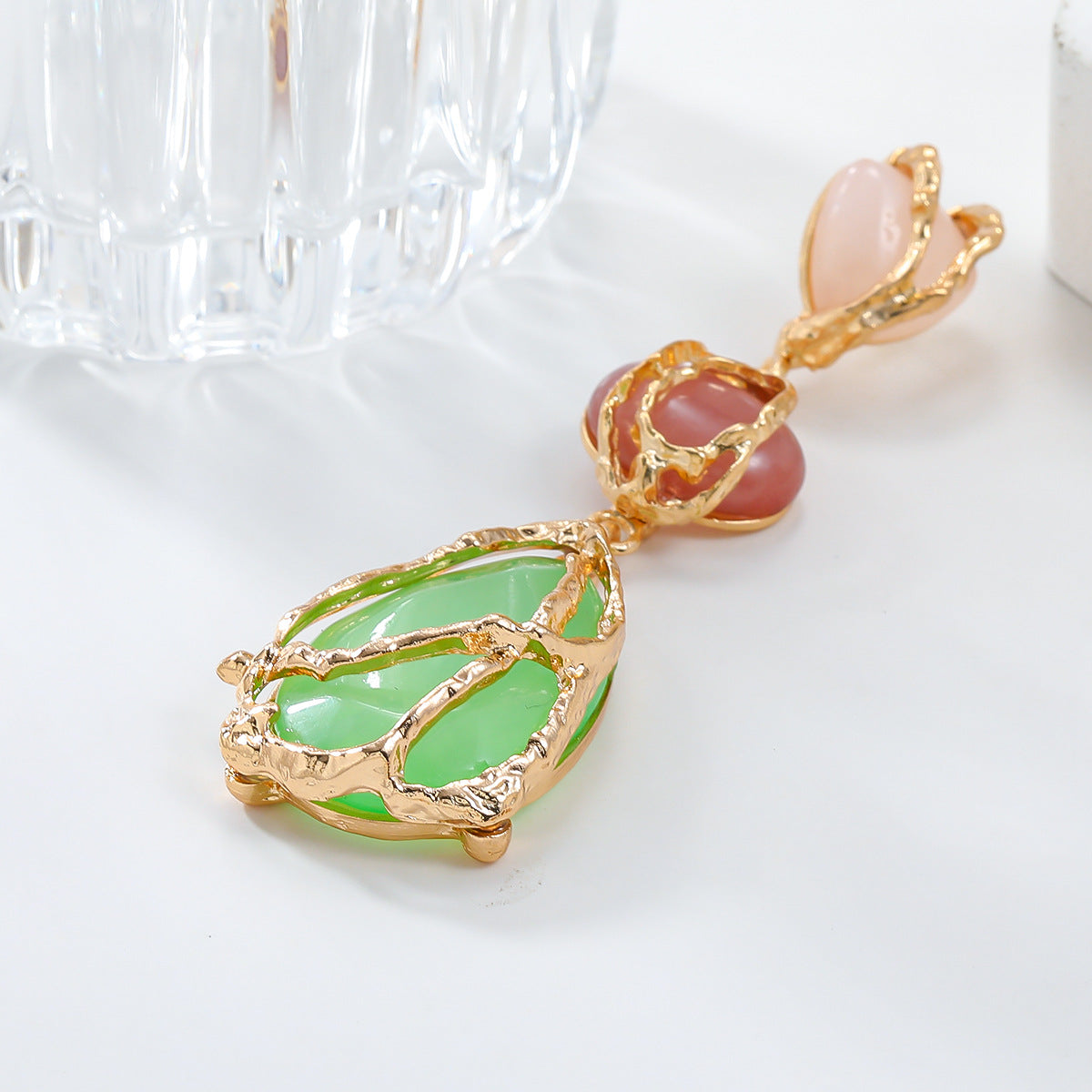 Wire Wrapped Resin Teardrop Drop Earrings - Green - 3