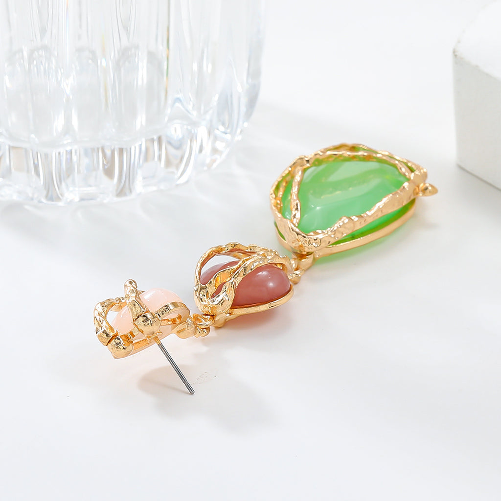Wire Wrapped Resin Teardrop Drop Earrings - Green - 4
