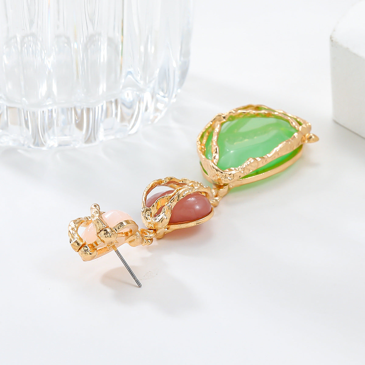 Wire Wrapped Resin Teardrop Drop Earrings - Green - 4