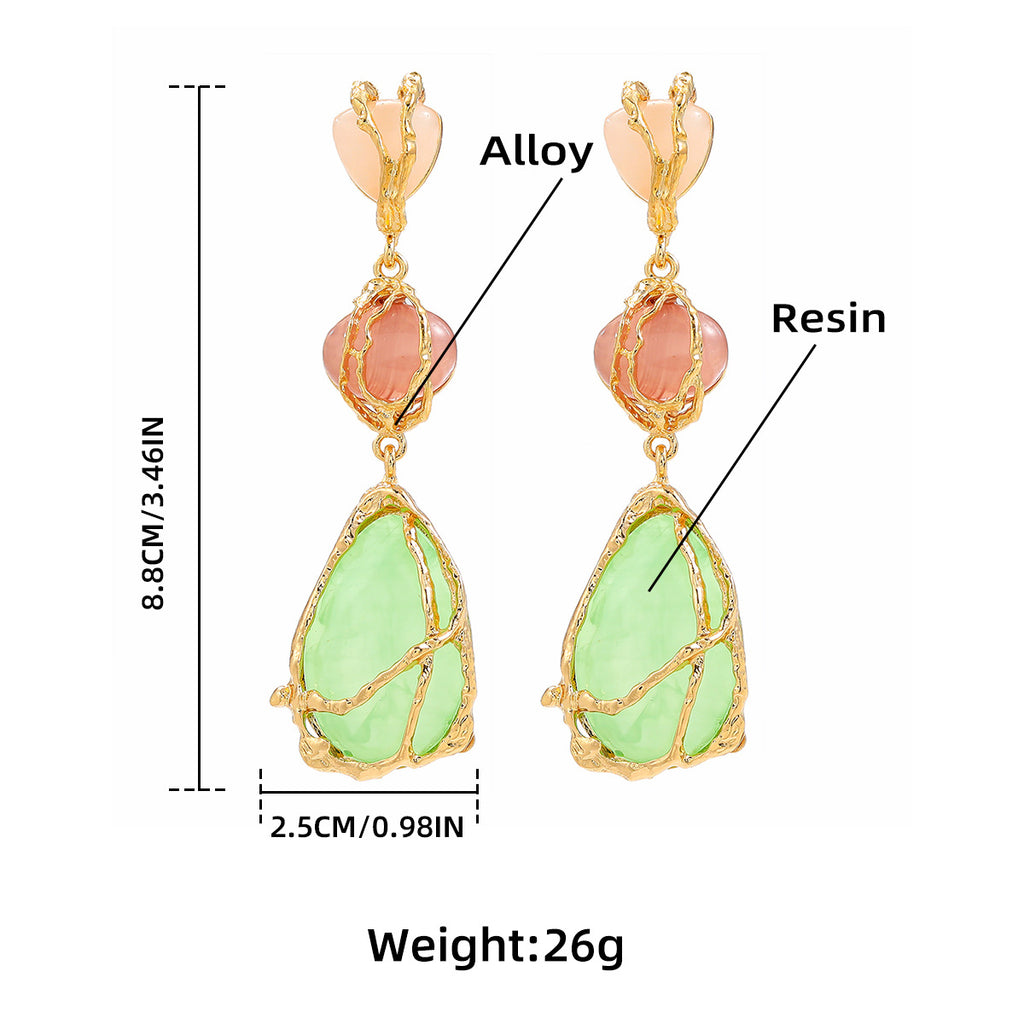 Wire Wrapped Resin Teardrop Drop Earrings - Green - 5