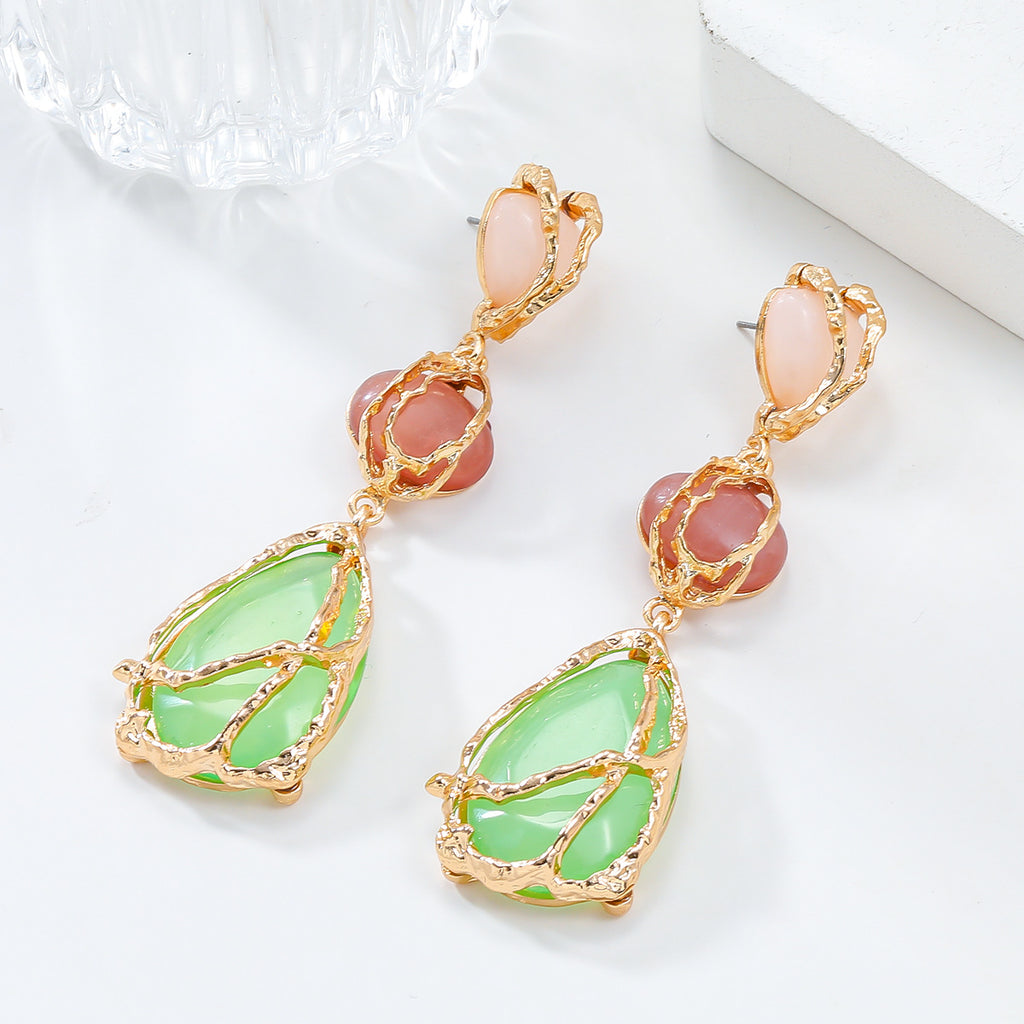 Wire Wrapped Resin Teardrop Drop Earrings - Green - 6