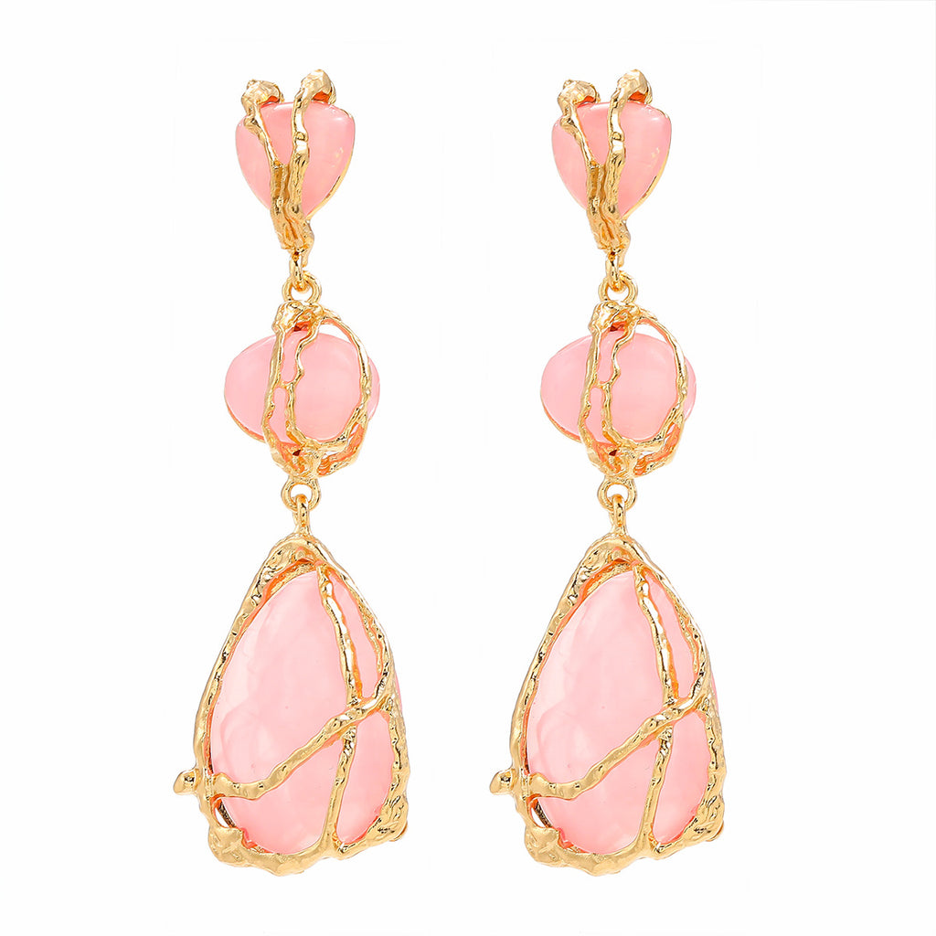 Wire Wrapped Resin Teardrop Drop Earrings - Pink