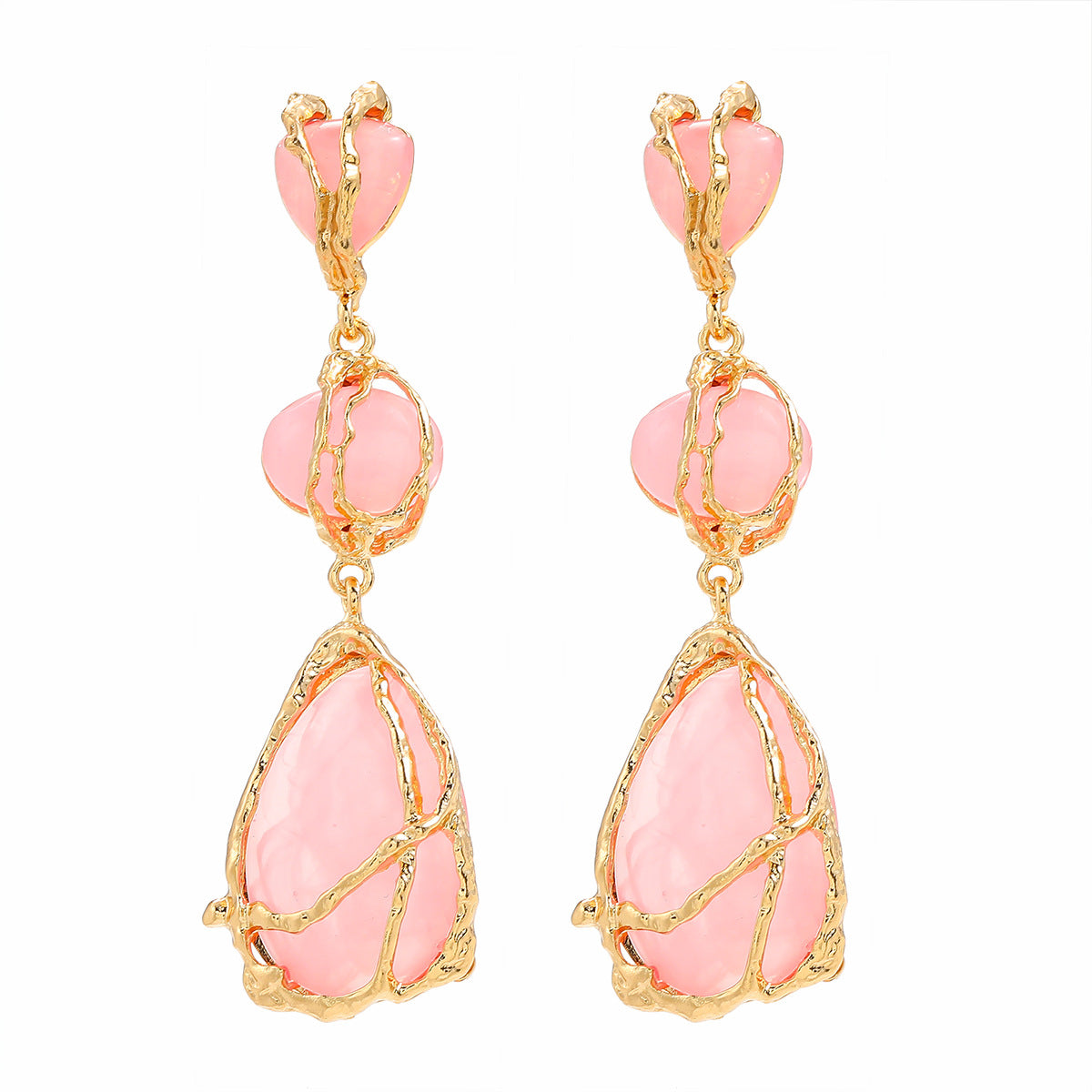 Wire Wrapped Resin Teardrop Drop Earrings - Pink