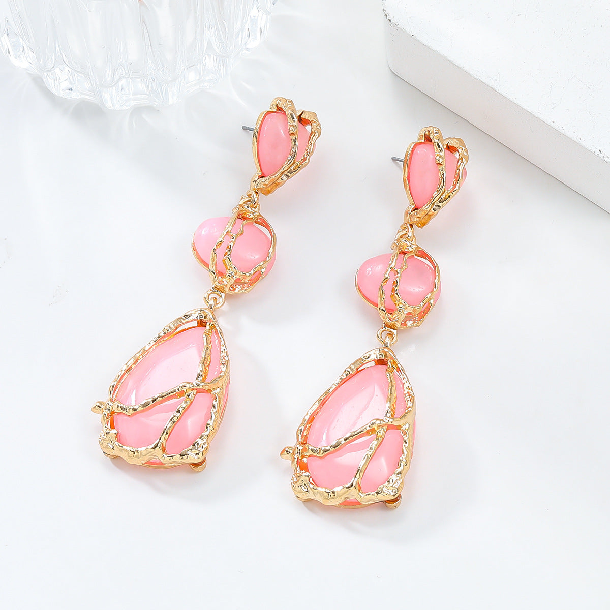 Wire Wrapped Resin Teardrop Drop Earrings - Pink - 1