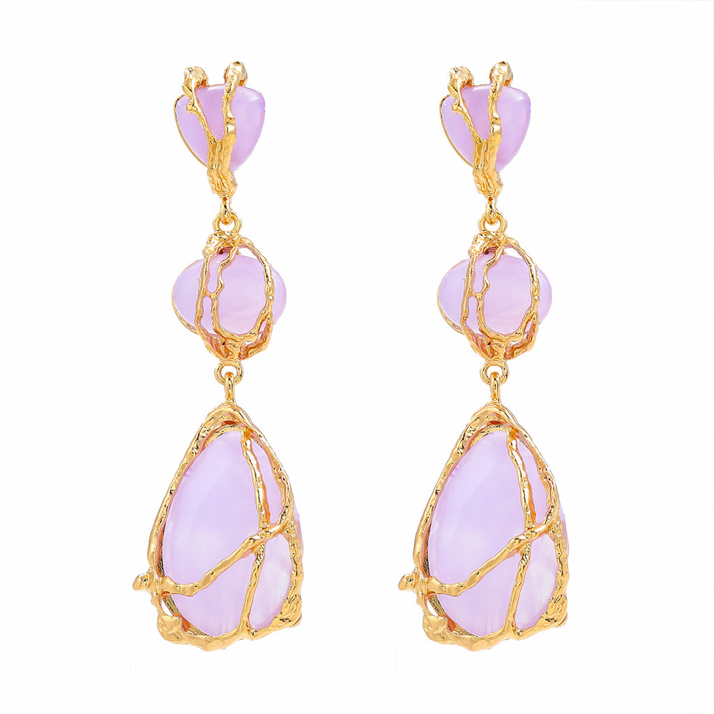Wire Wrapped Resin Teardrop Drop Earrings - Purple