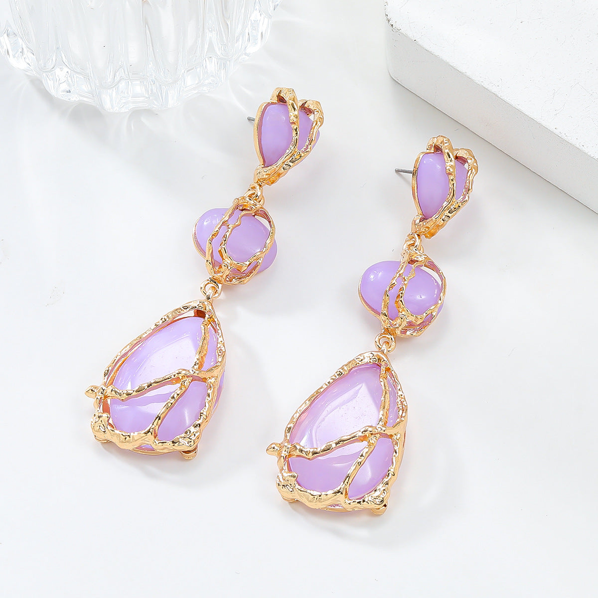 Wire Wrapped Resin Teardrop Drop Earrings - Purple - 2