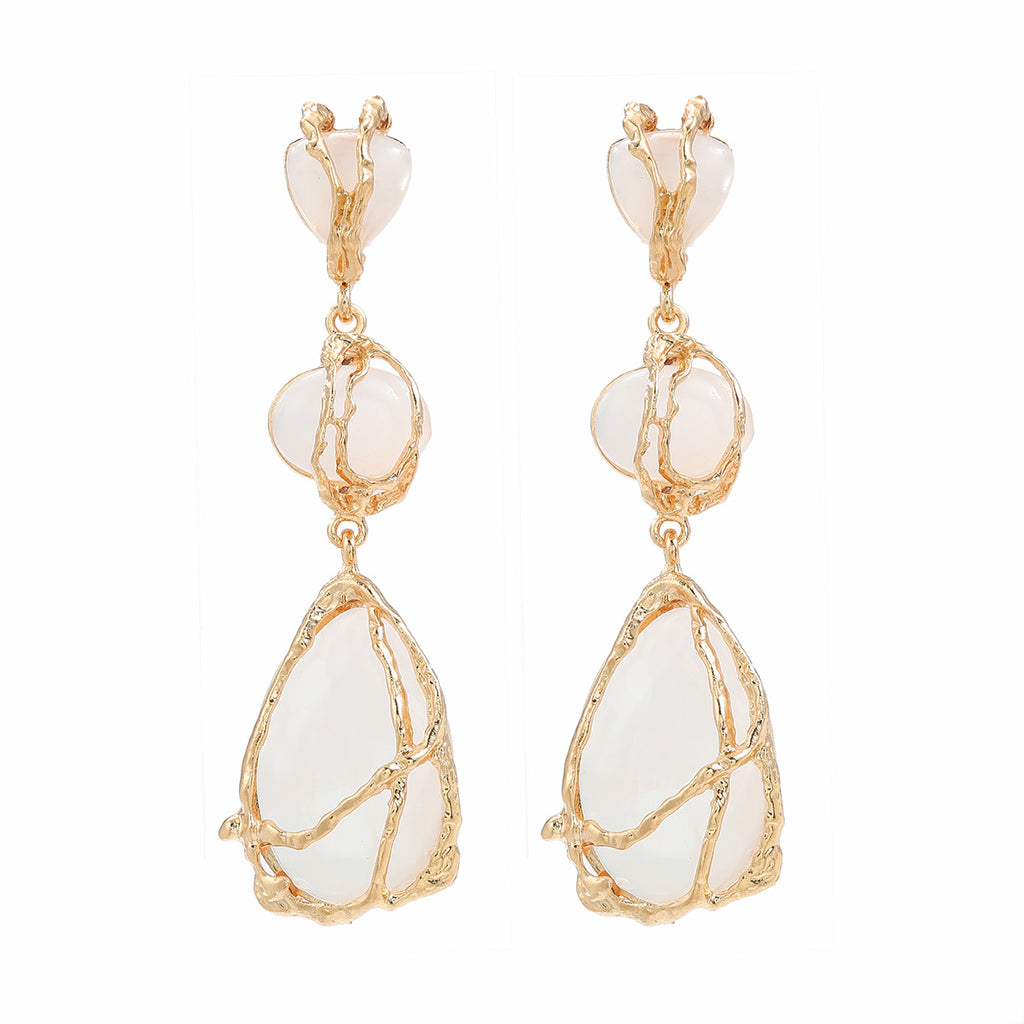Wire Wrapped Resin Teardrop Drop Earrings - White