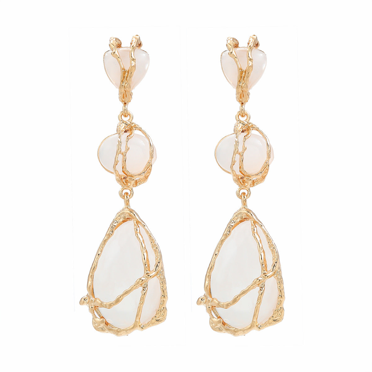 Wire Wrapped Resin Teardrop Drop Earrings - White
