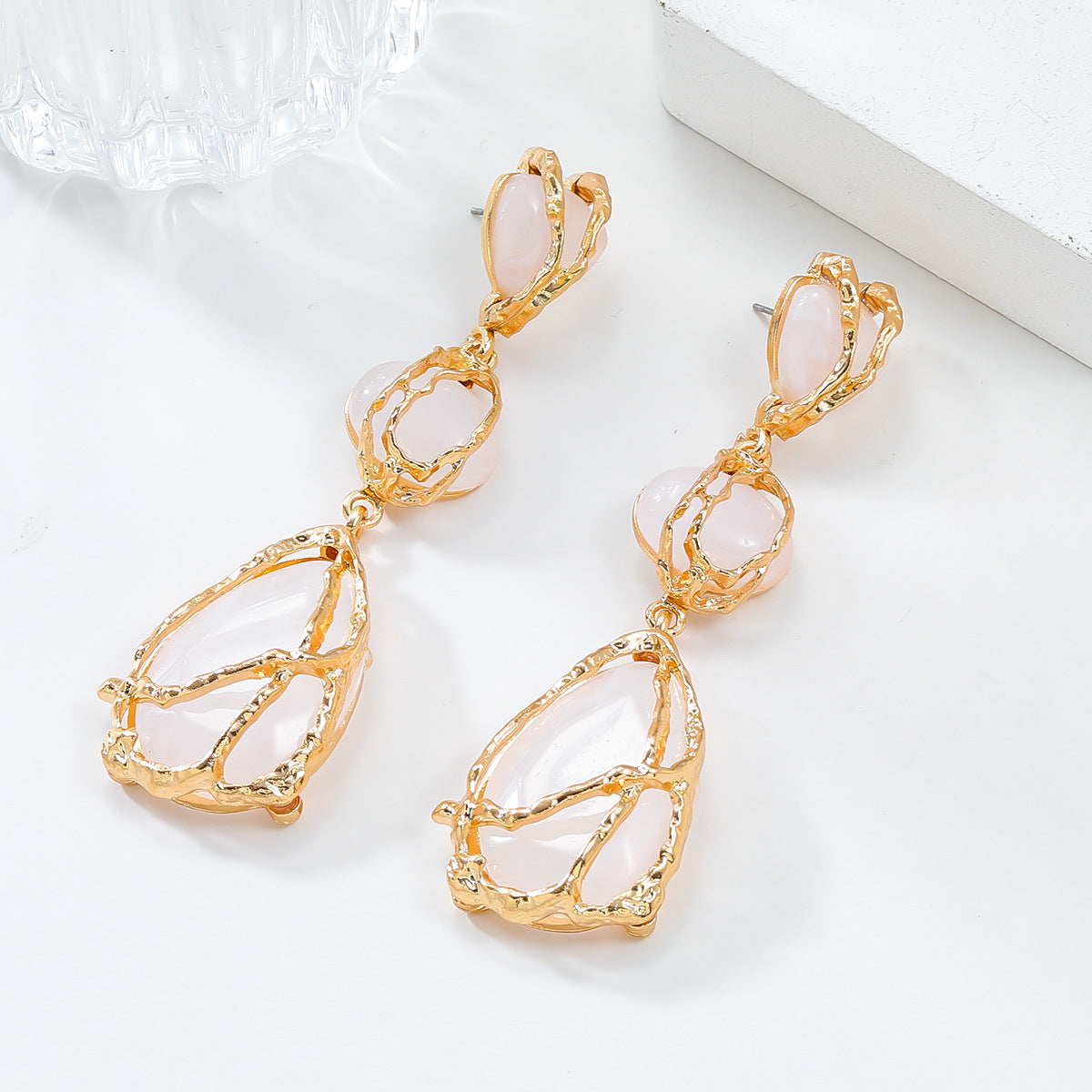 Wire Wrapped Resin Teardrop Drop Earrings - White - 1