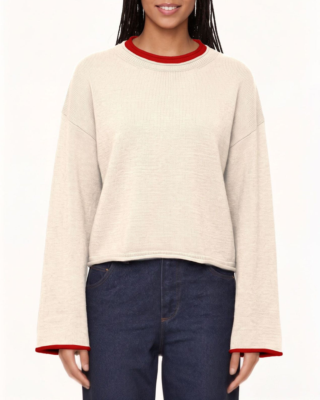Contrast Trim Cropped Wide Sleeve Sweater - Apricot
