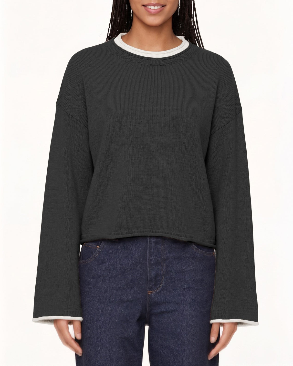 Contrast Trim Cropped Wide Sleeve Sweater - Black