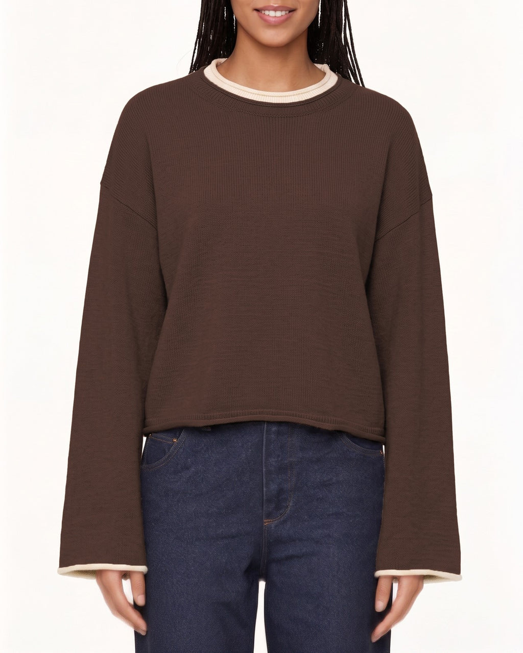 Contrast Trim Cropped Wide Sleeve Sweater - Coffee