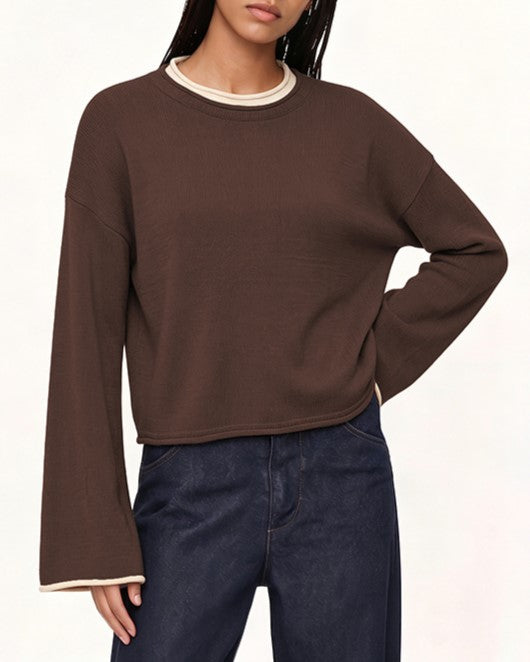 Contrast Trim Cropped Wide Sleeve Sweater - Coffee - 1