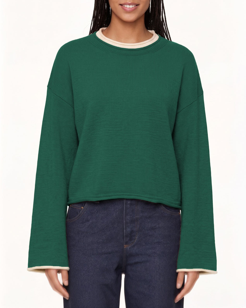 Contrast Trim Cropped Wide Sleeve Sweater - Green