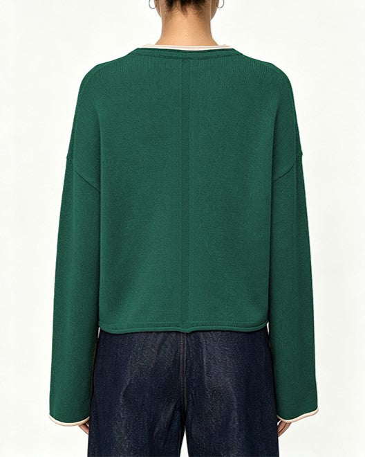 Contrast Trim Cropped Wide Sleeve Sweater - Green - 1