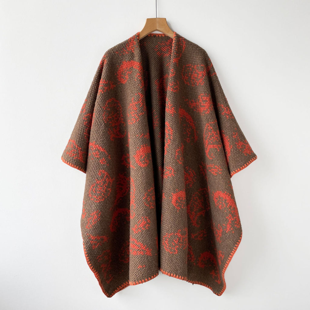 Open Front Wrap Cape With Whipstitch Trim - Brown