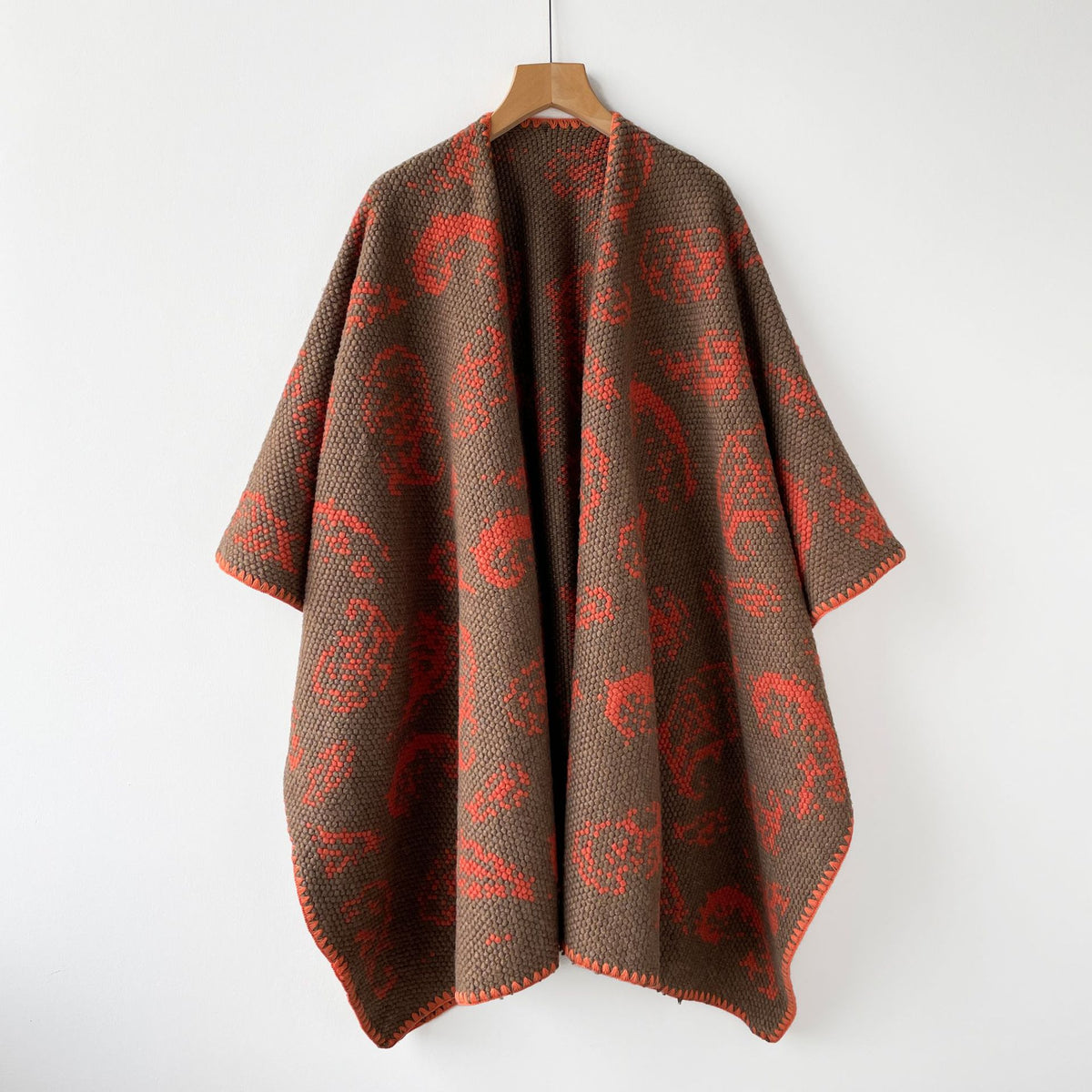 Open Front Wrap Cape With Whipstitch Trim - Brown