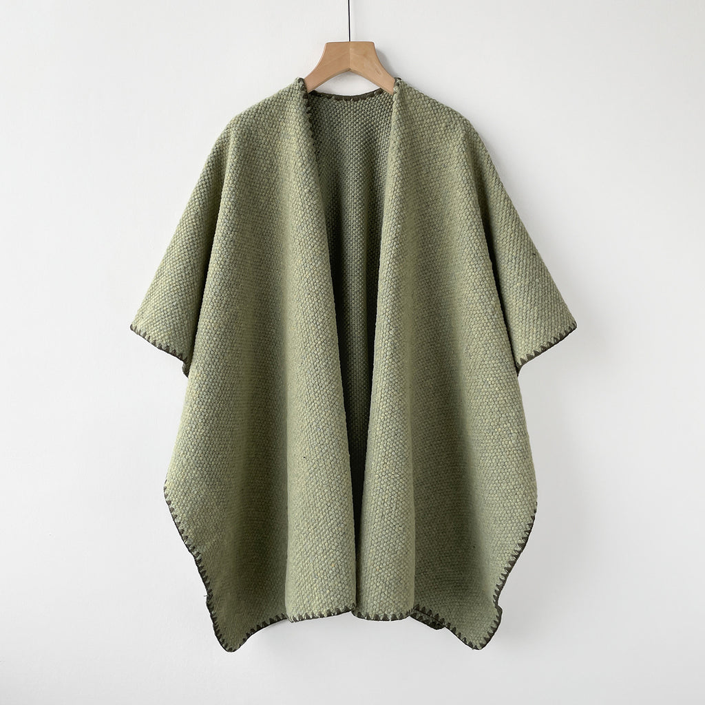 Open Front Wrap Cape With Whipstitch Trim - Green