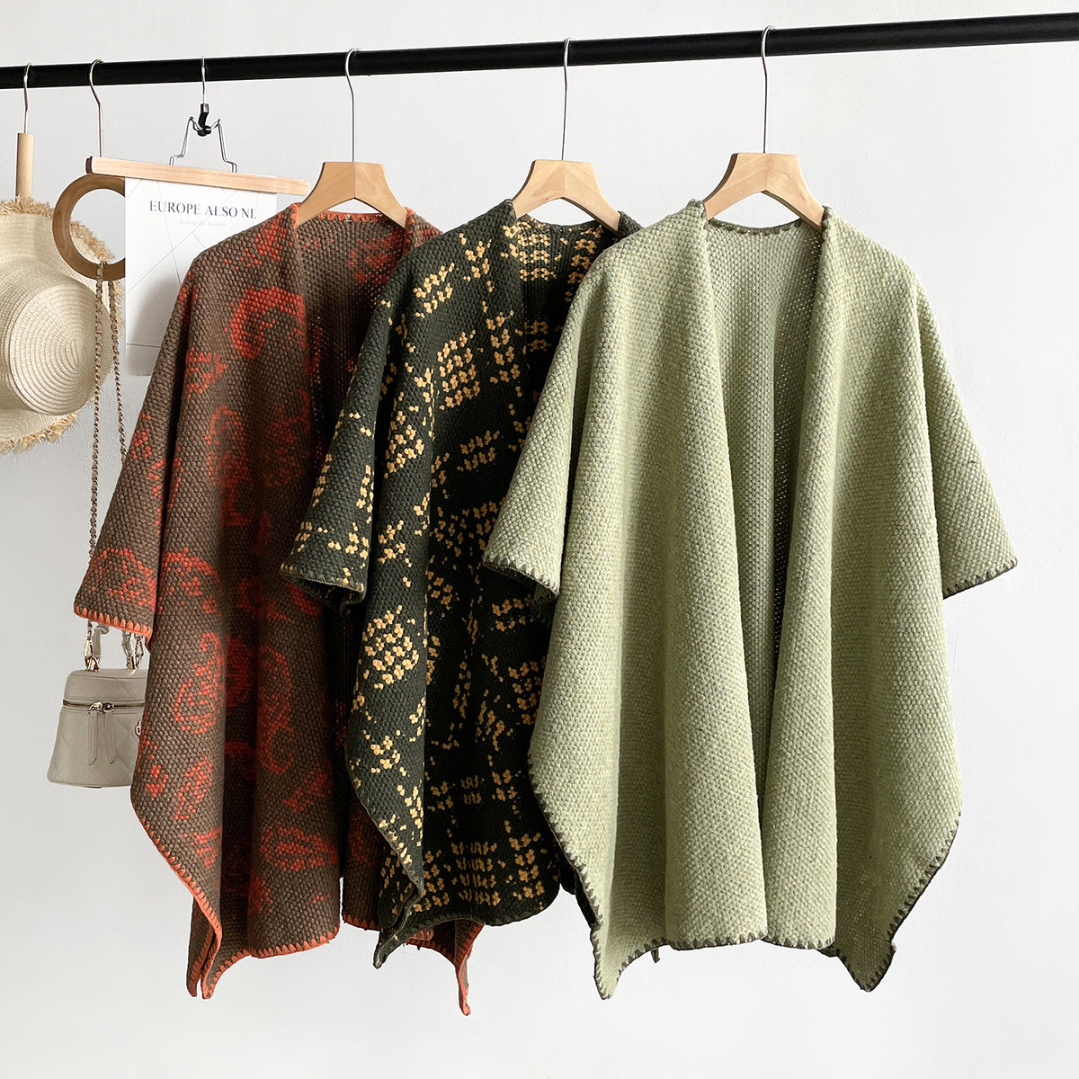 Open Front Wrap Cape With Whipstitch Trim - Green - 1