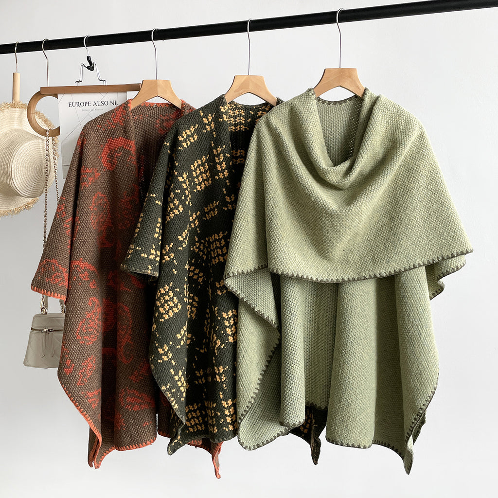 Open Front Wrap Cape With Whipstitch Trim - Green - 2