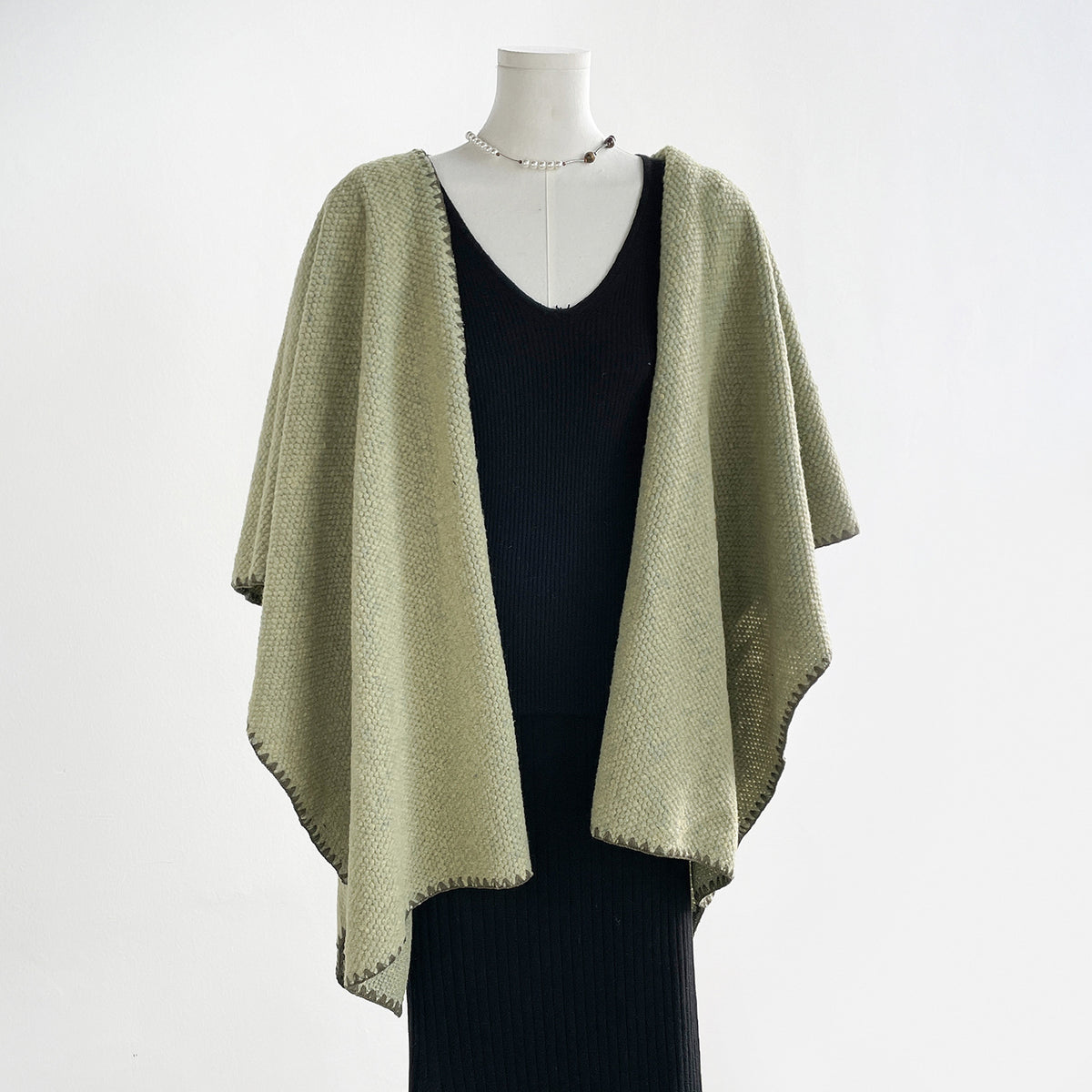 Open Front Wrap Cape With Whipstitch Trim - Green - 3