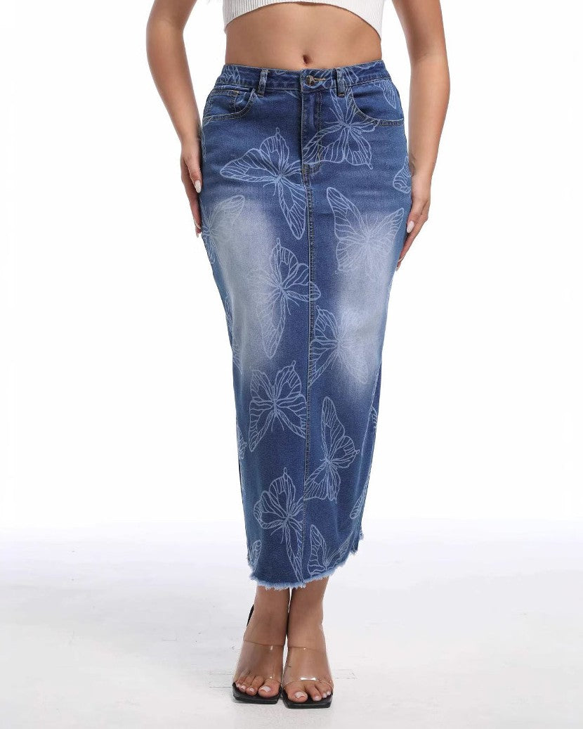Butterfly Print Denim Maxi Skirt Back Slit - Blue
