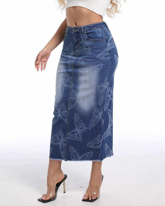 Butterfly Print Denim Maxi Skirt Back Slit - Blue - 1