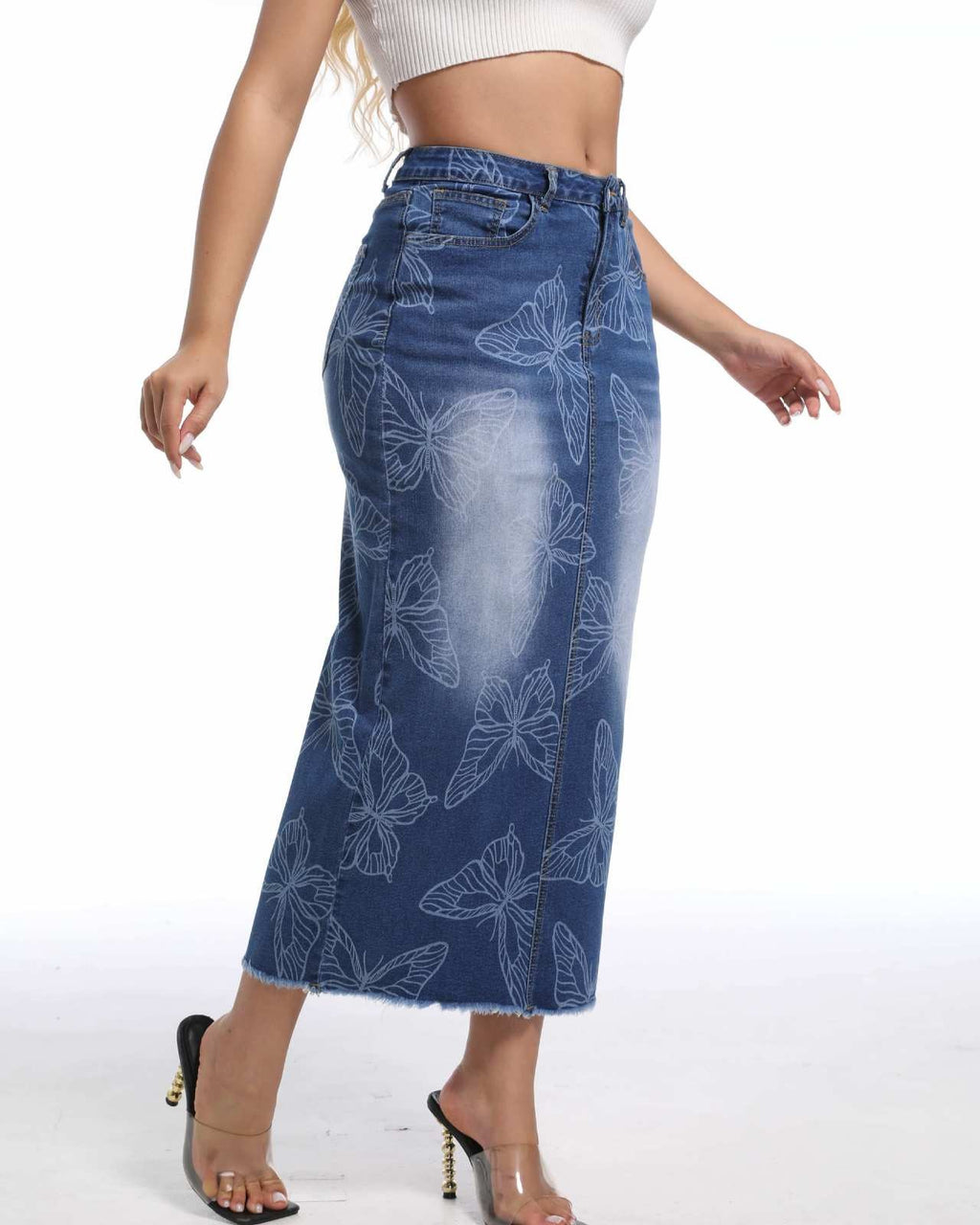 Butterfly Print Denim Maxi Skirt Back Slit - Blue - 2