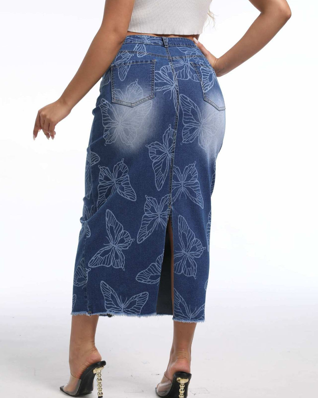 Butterfly Print Denim Maxi Skirt Back Slit - Blue - 3