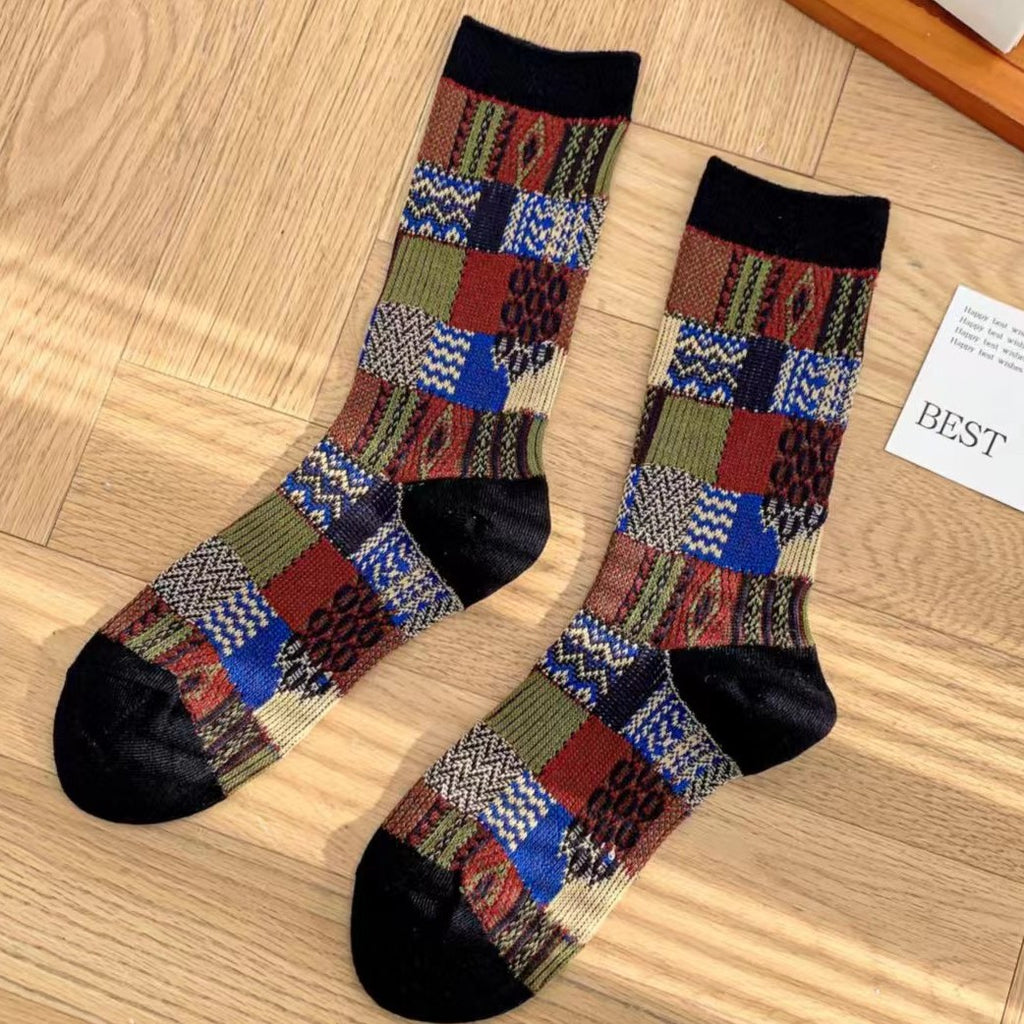 Patchwork Check Knit Vintage Crew Socks - Black