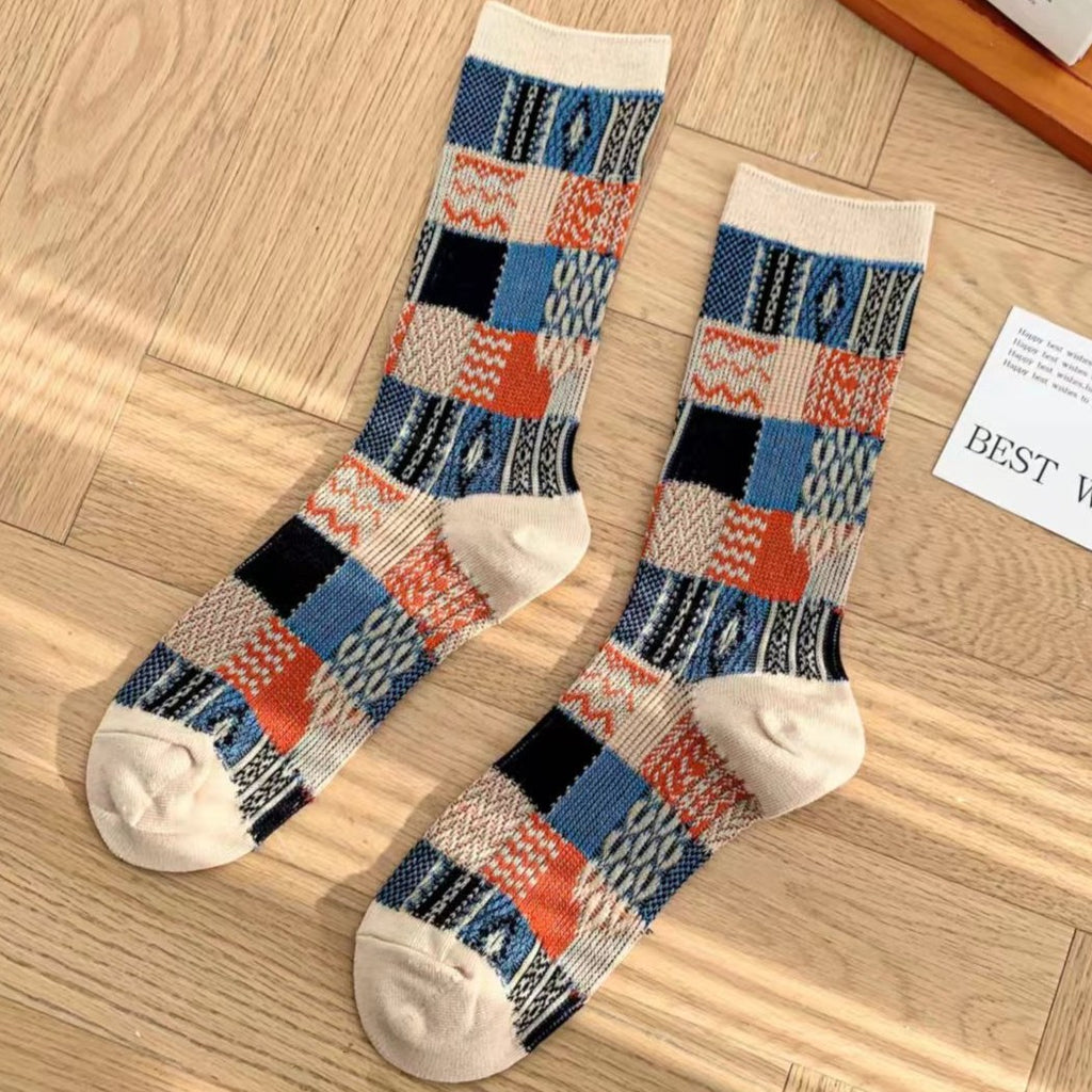 Patchwork Check Knit Vintage Crew Socks - White