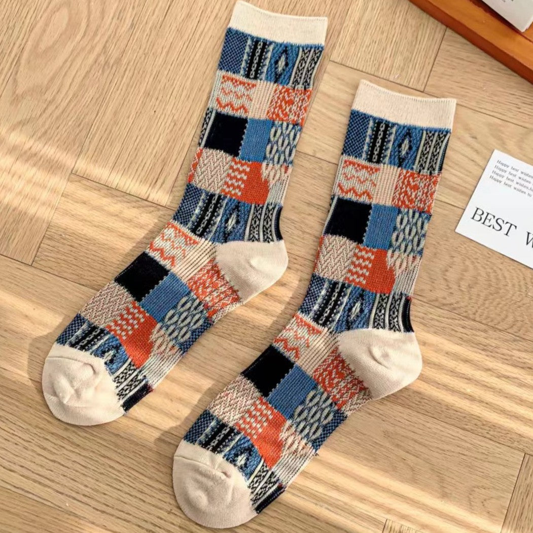 Patchwork Check Knit Vintage Crew Socks - White