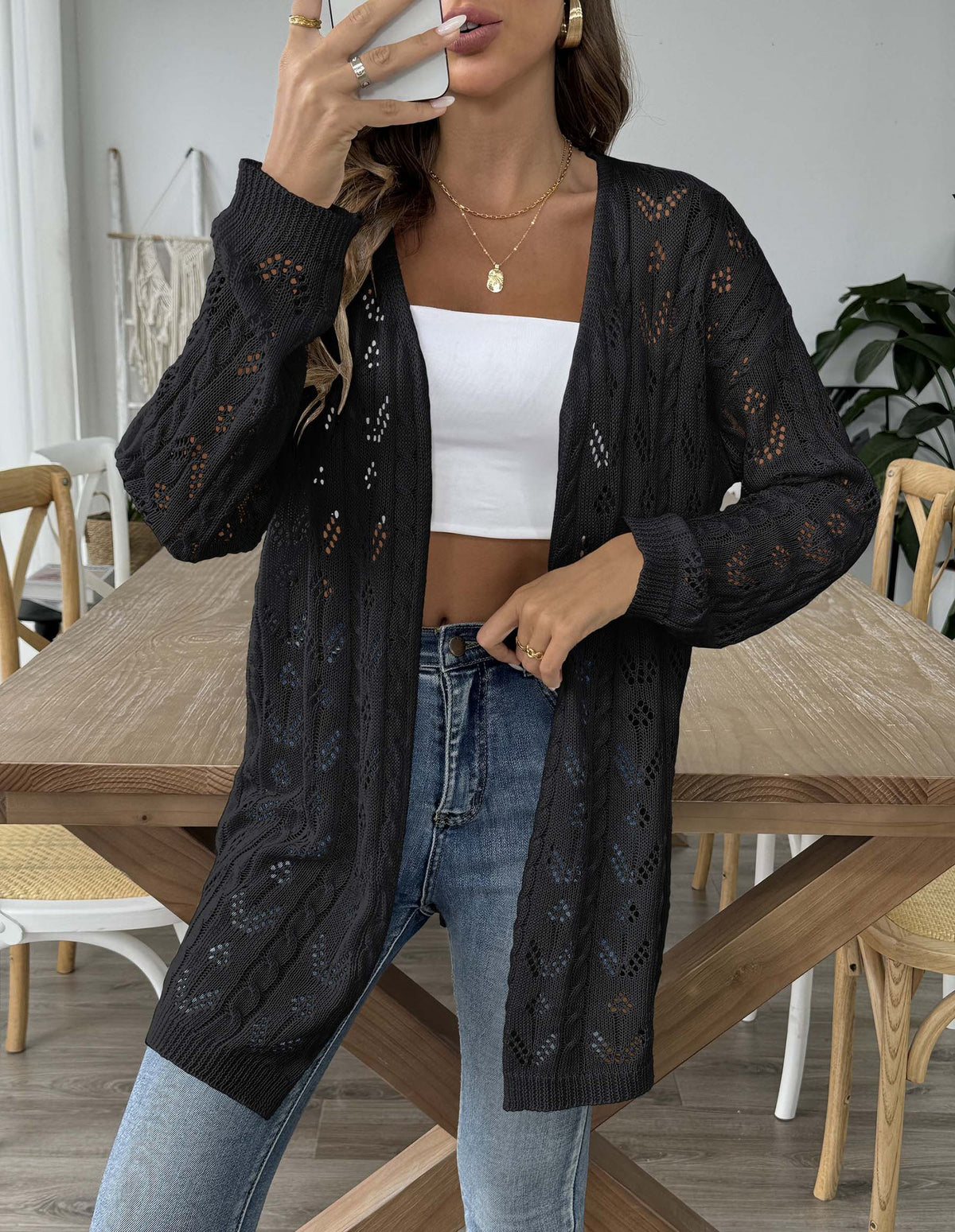 Pointelle Open Knit Longline Duster Cardigan - Black