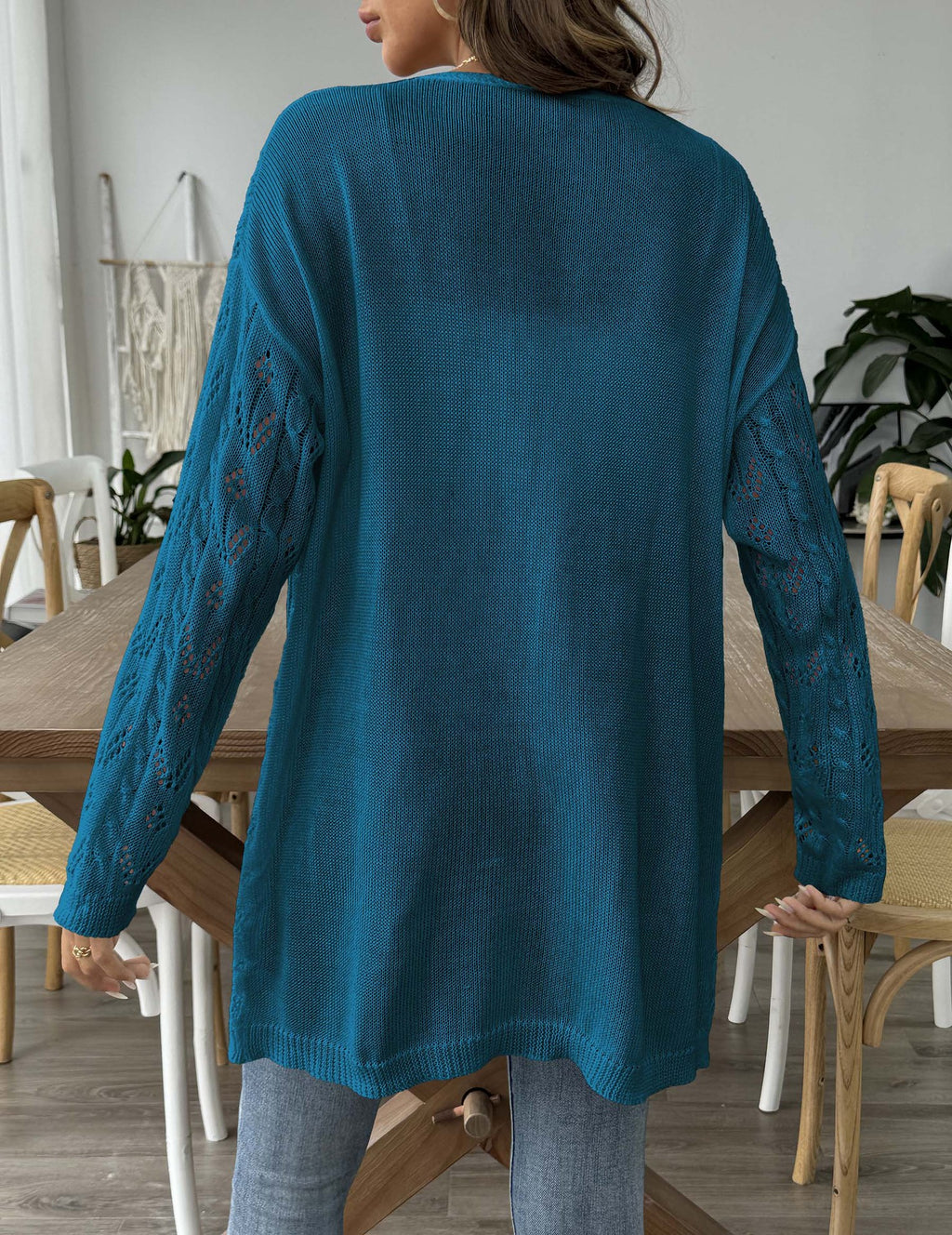 Pointelle Open Knit Longline Duster Cardigan - Blue - 1