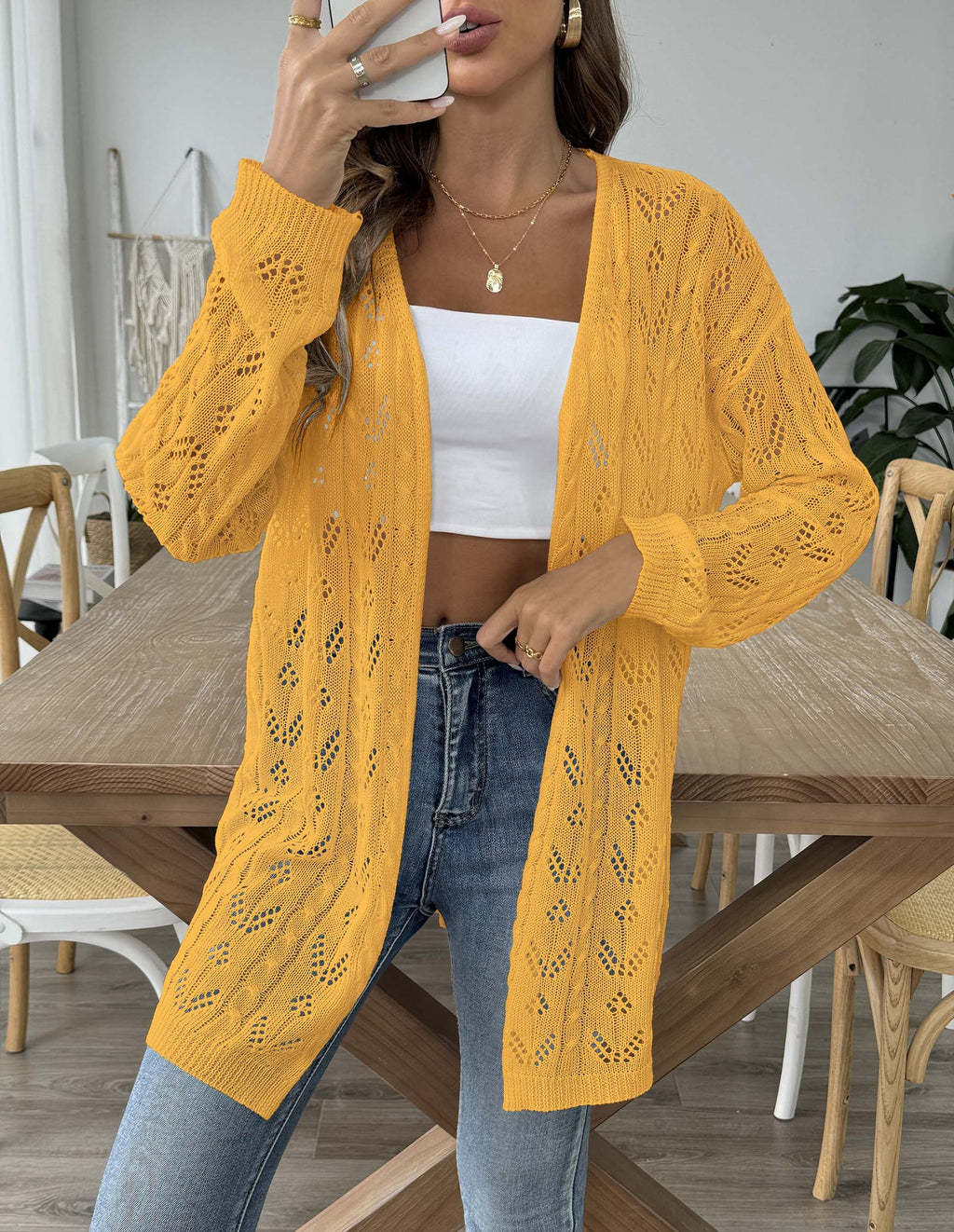 Pointelle Open Knit Longline Duster Cardigan - Yellow